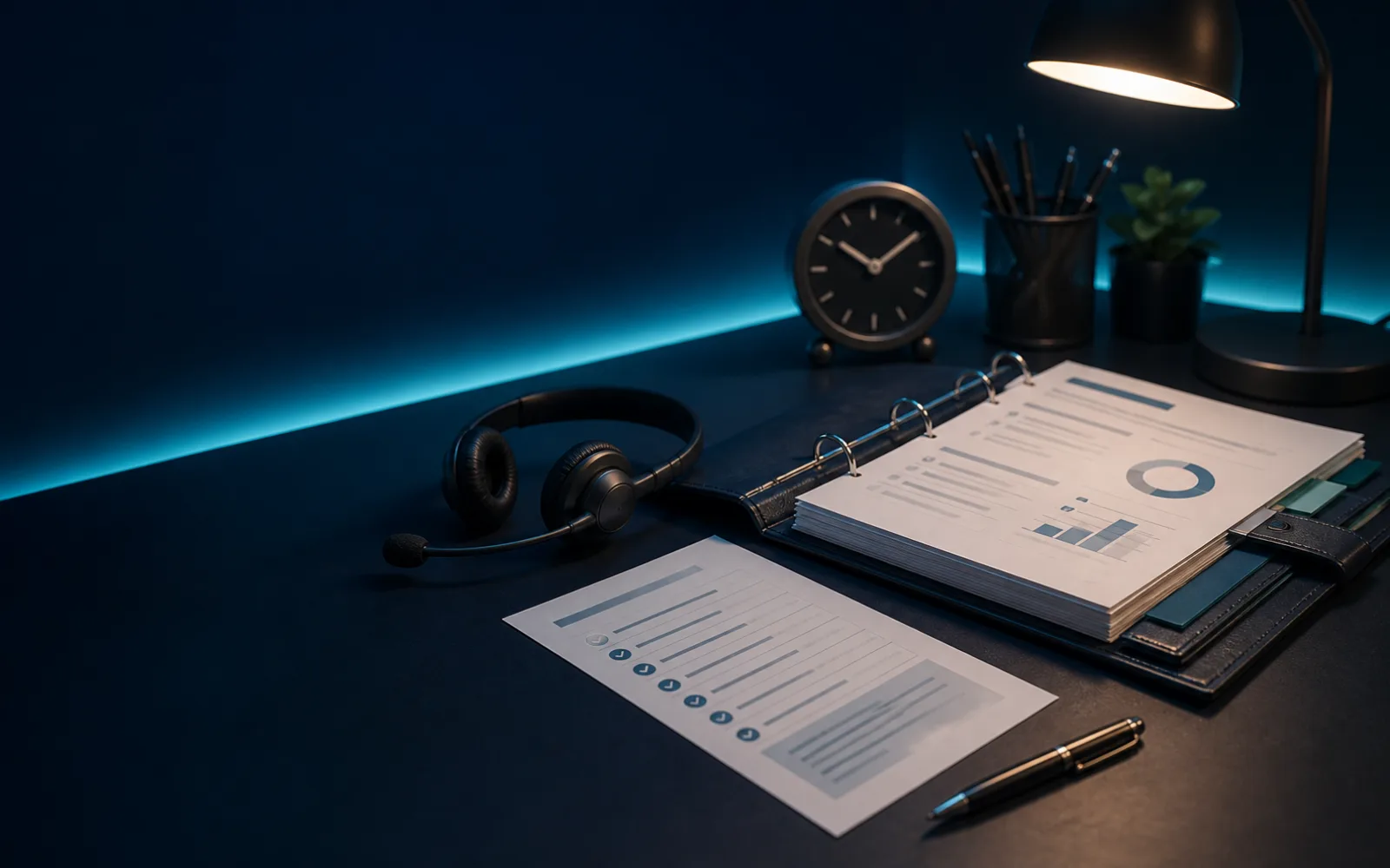 Organized review binder and headset prepared for a dialer evaluation