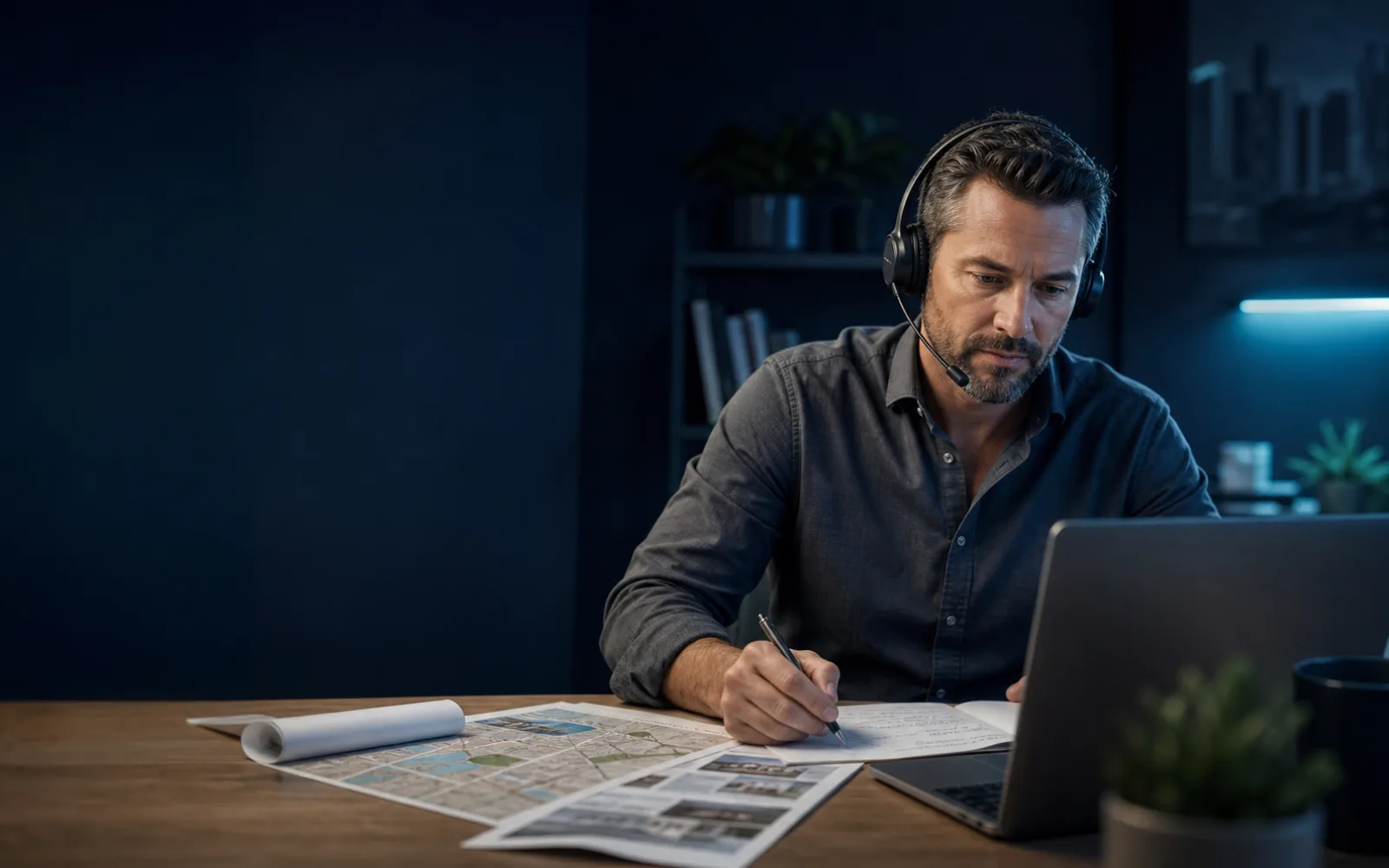 Agent taking notes while speaking through a professional headset