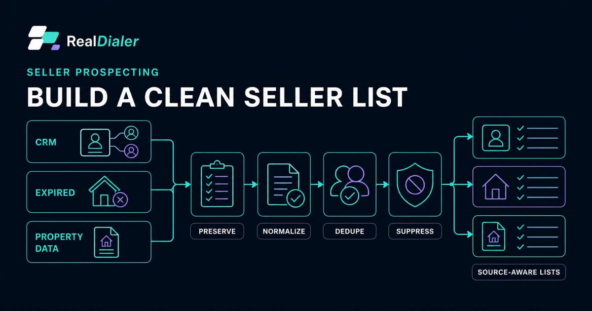 Seller prospecting workflow from multiple lead sources to clean, source-aware RealDialer calling lists