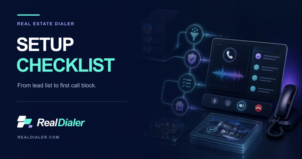 Real estate dialer setup checklist showing a clean lead list, verified calling path, controlled test, and ready first call block