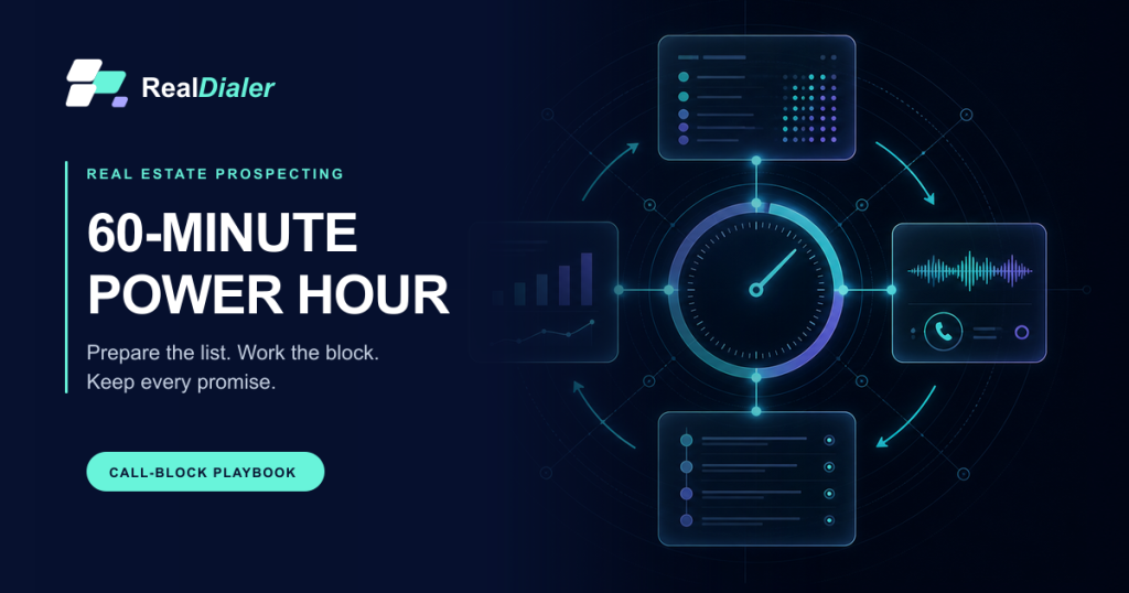 A 60-minute real estate prospecting power hour moving from a prepared list through live conversations, saved outcomes, promises, and a completed scorecard