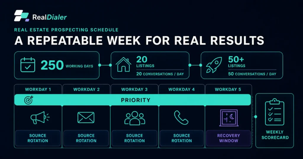 RealDialer weekly prospecting board with a 250-workday goal, daily conversation target, priority calls, source rotation, recovery window, and weekly scorecard