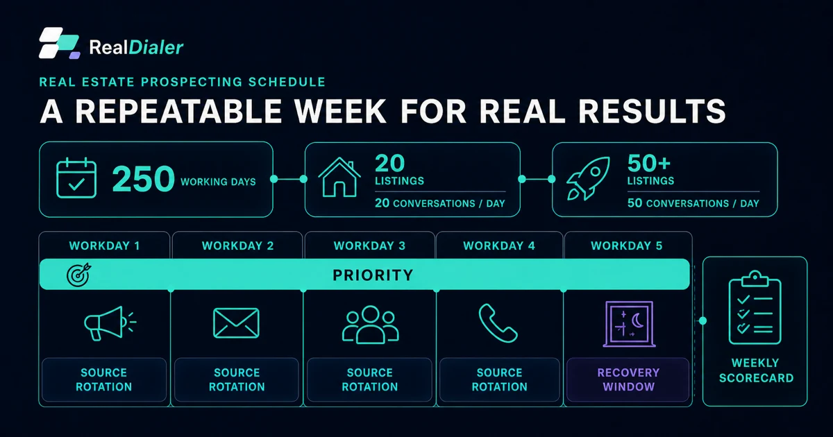 RealDialer weekly prospecting board with a 250-workday goal, daily conversation target, priority calls, source rotation, recovery window, and weekly scorecard