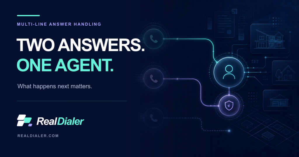 Two homeowner calls reaching RealDialer at nearly the same time with the first answer routed to the agent and the second handled separately
