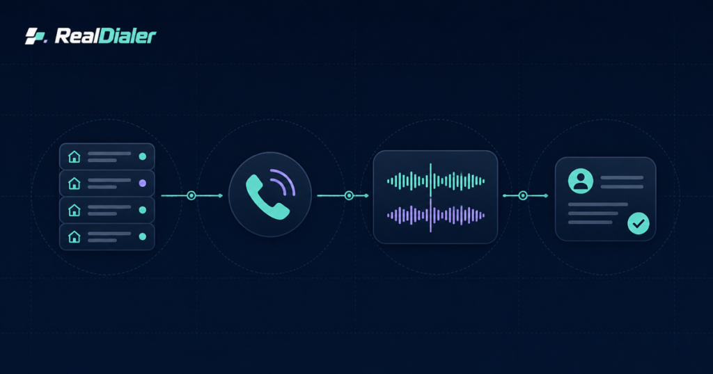 Real estate dialer workflow from a property list through a live conversation to a completed follow-up record