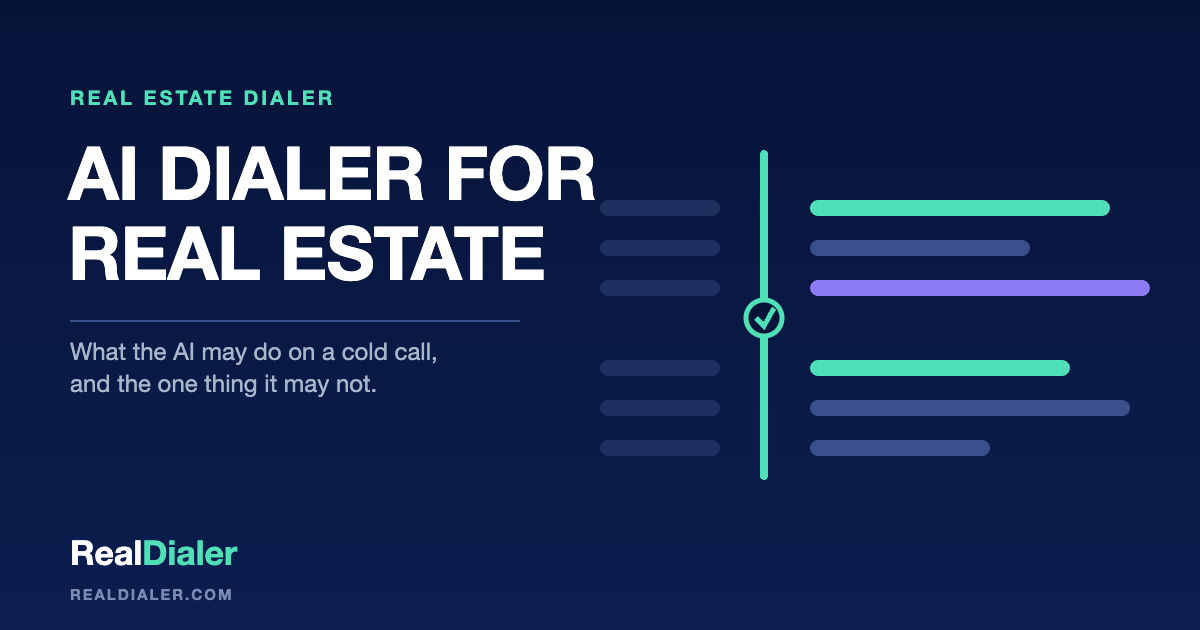 RealDialer graphic of a dialer screen with AI functions sorted into two columns, those facing the agent and those facing the homeowner, with the homeowner column marked off for cold calls
