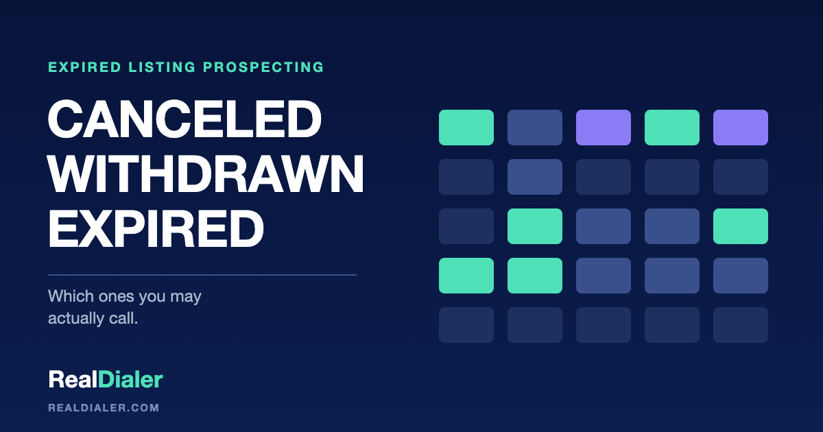RealDialer graphic showing three listing statuses, expired, withdrawn and canceled, with withdrawn marked as still under agreement