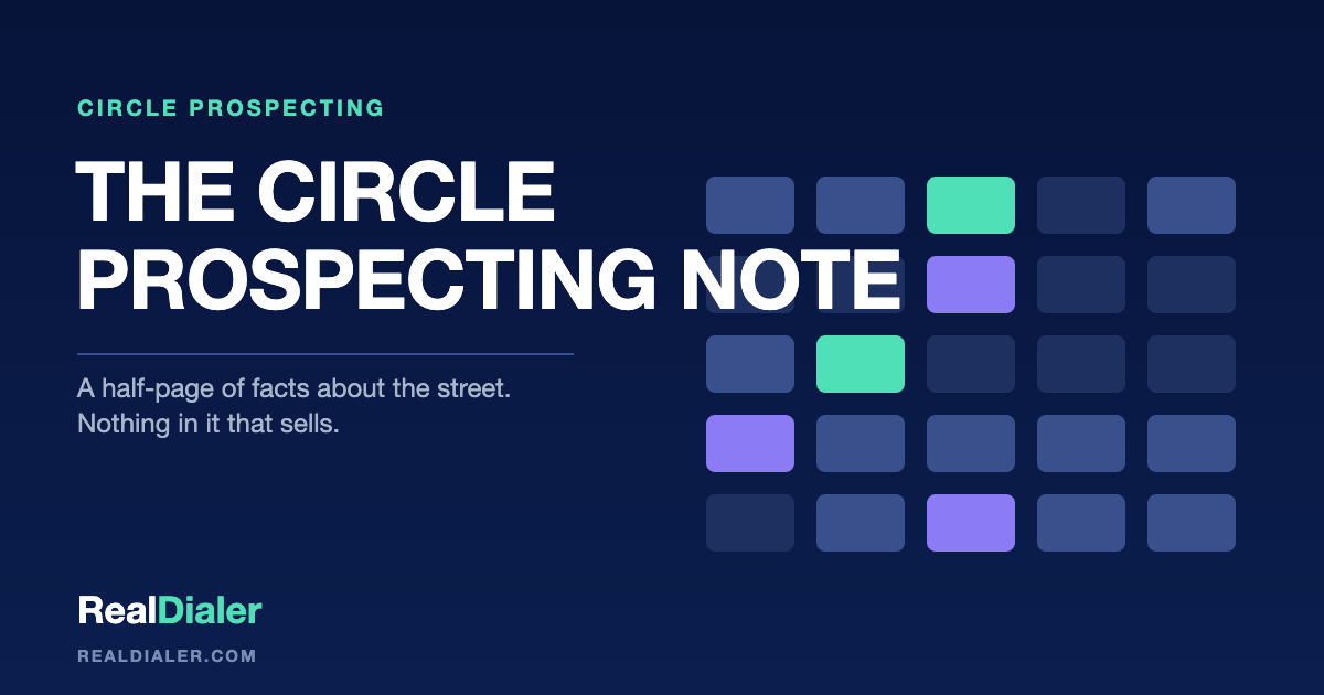 RealDialer graphic of a half-page note with a short list of street addresses and prices, and nothing else on it