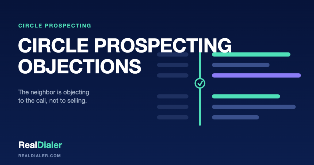 RealDialer graphic sorting six circle prospecting responses into instructions, questions and objections