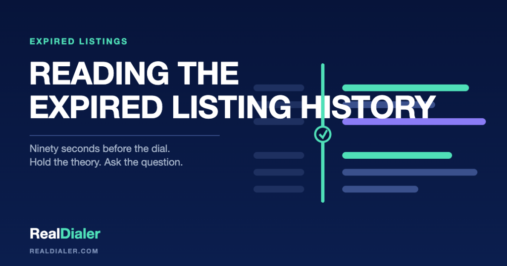 RealDialer graphic of a listing history panel with a price line stepping down and a ninety-second timer beside it