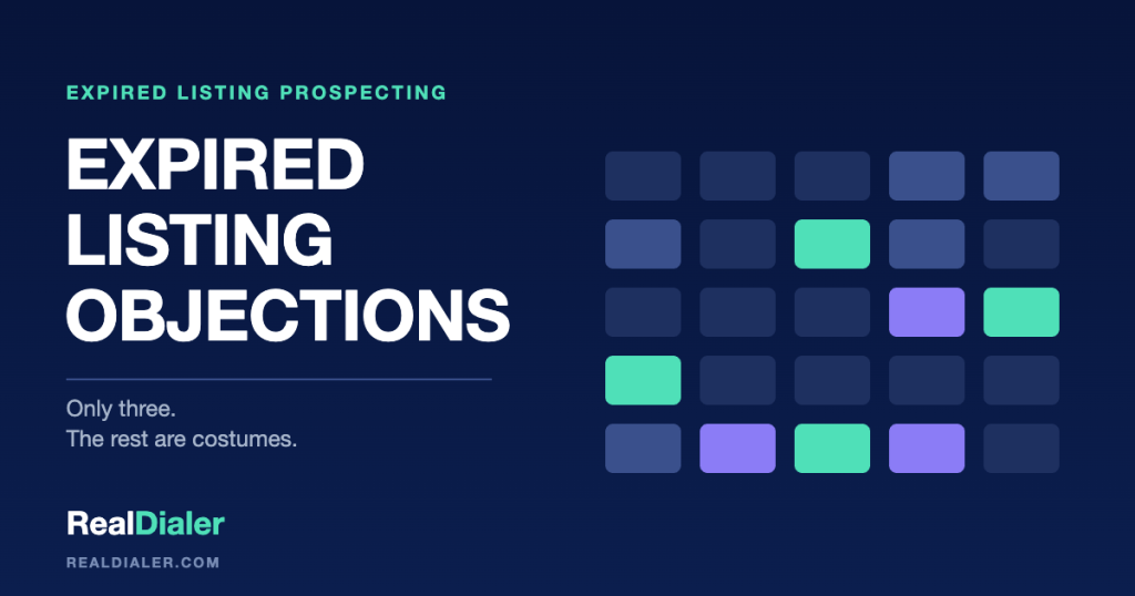 RealDialer graphic sorting a dozen expired listing objections into three underlying positions