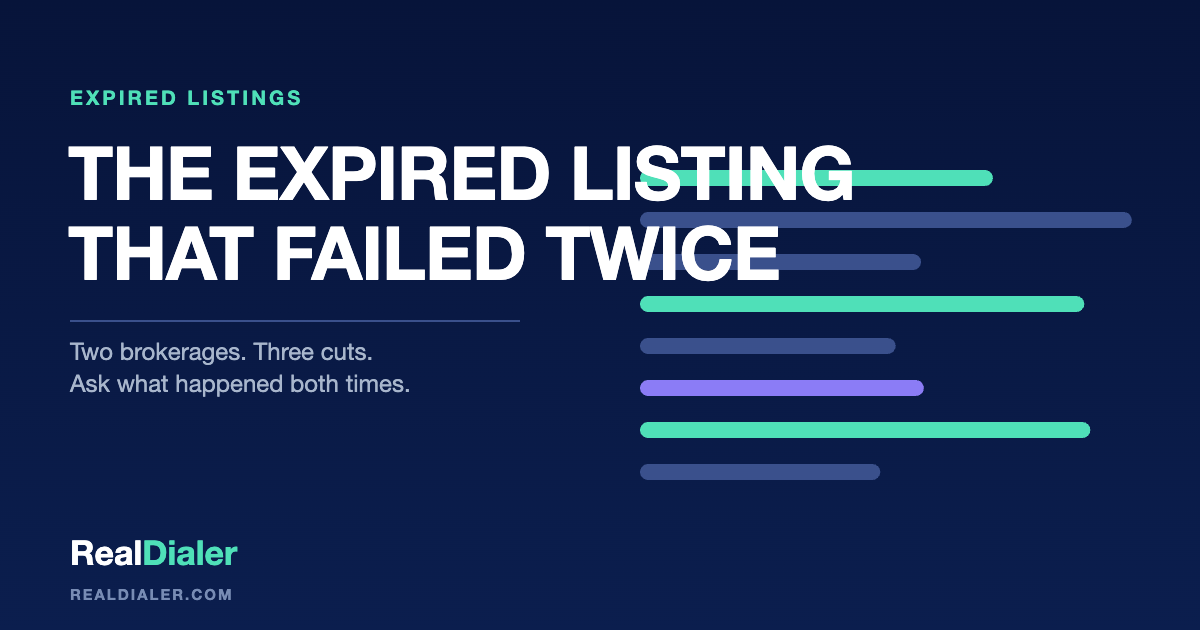 RealDialer graphic of a listing history with two separate listing periods, two brokerage marks, and a phone ringing beside it