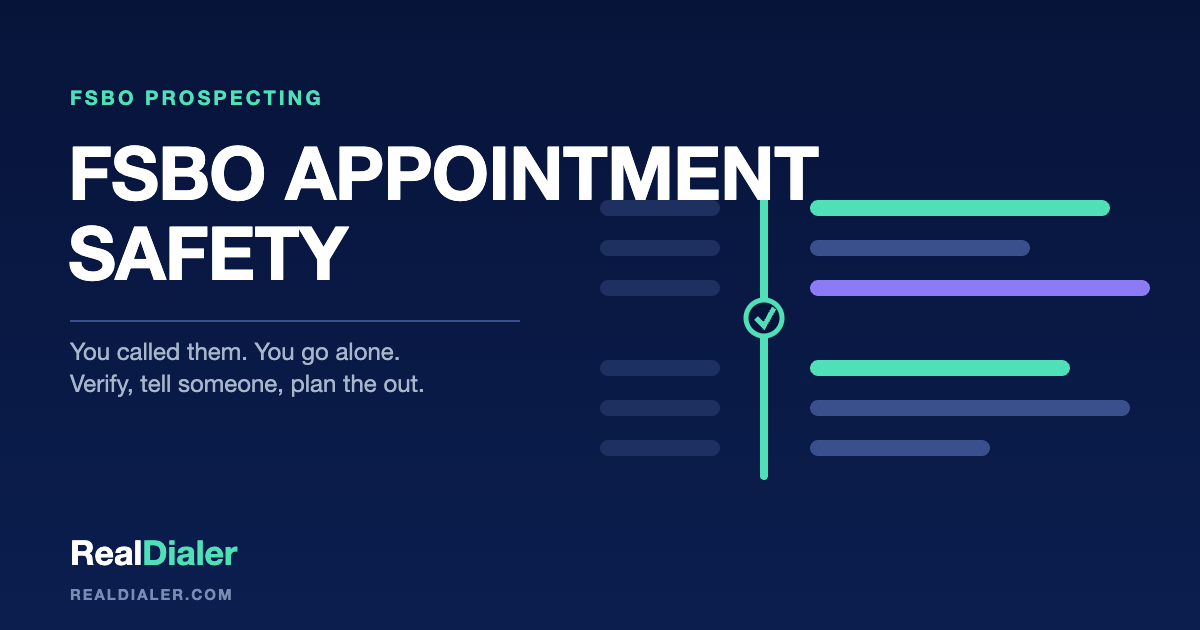 RealDialer graphic of a front door with a checklist beside it: verified, told someone, met first, out planned