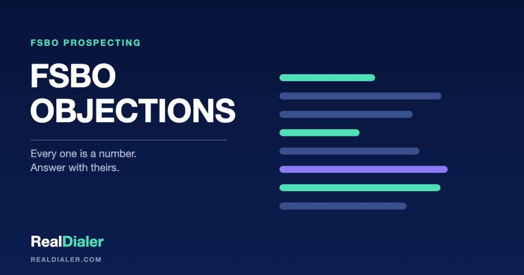 RealDialer graphic showing FSBO objections as math, each with the number underneath it