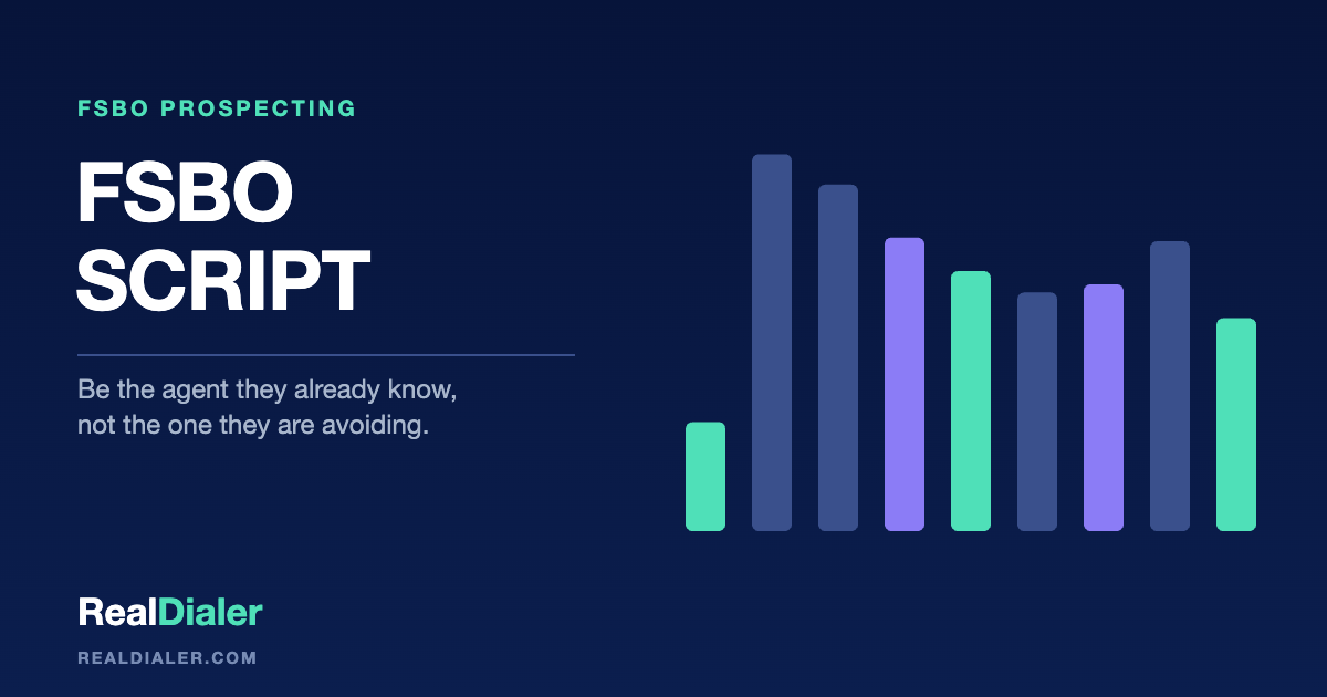 RealDialer graphic for the FSBO script article showing an honest opener that does not ask for the listing