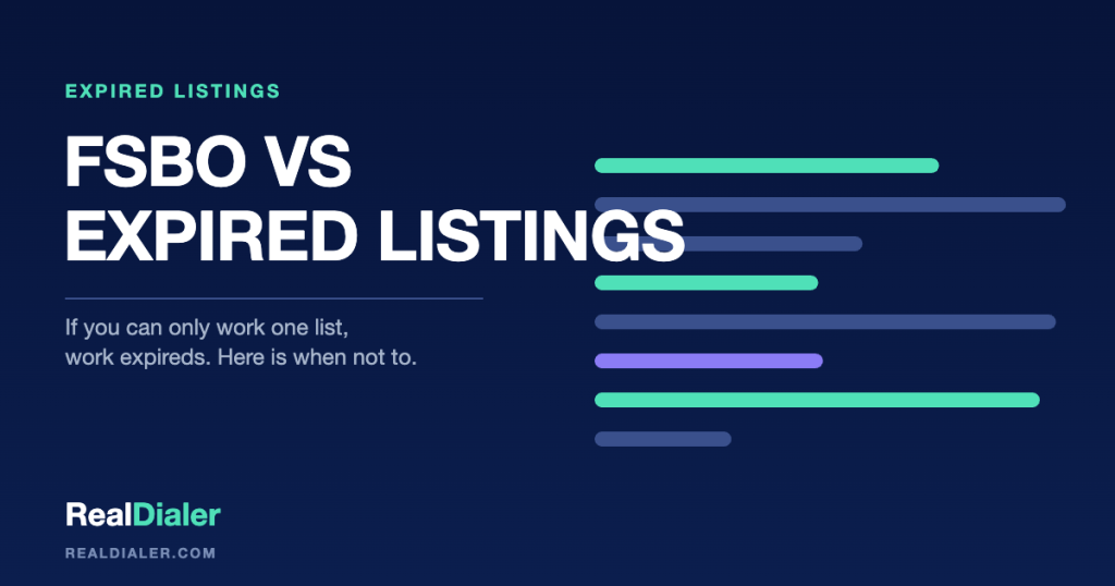 RealDialer graphic comparing an expired listing sign and a for sale by owner sign, with a scale tipped toward the expired side