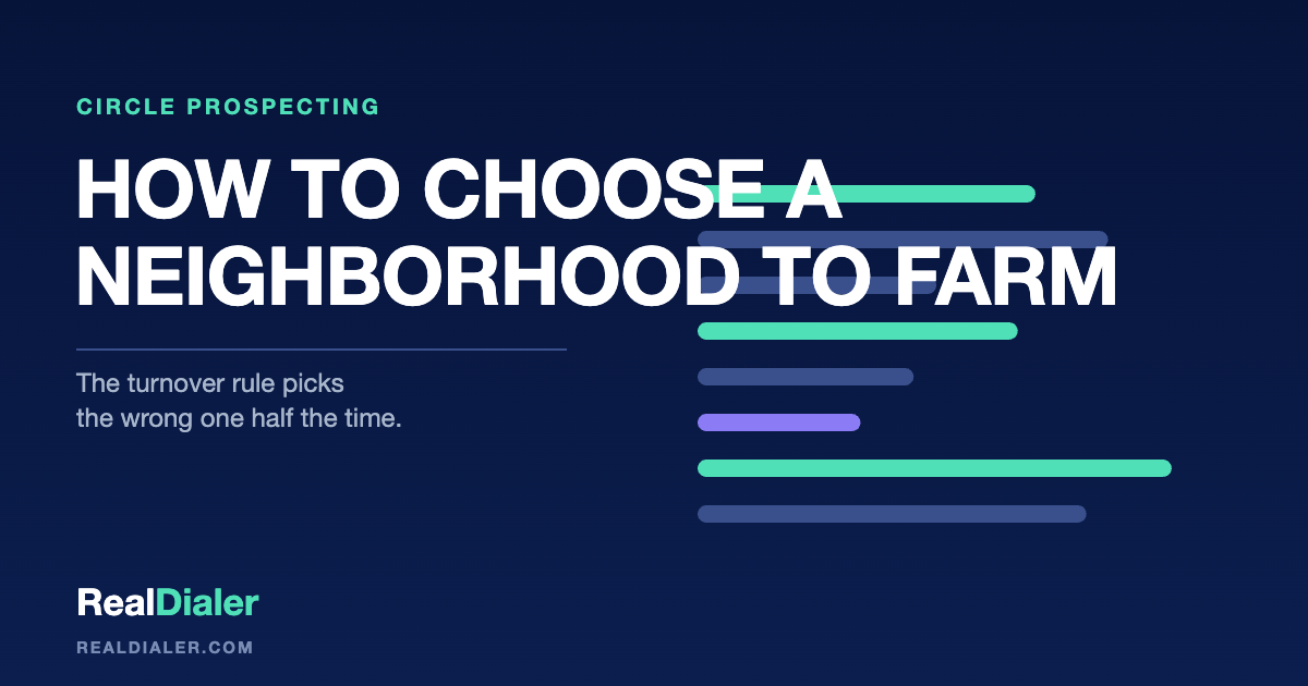 RealDialer graphic showing two neighborhood boundaries side by side, one with a single dominant listing agent and one with listings spread across many agents
