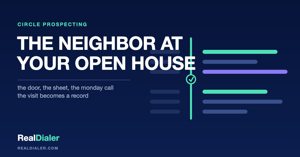 RealDialer graphic of an open house sign-in sheet beside a phone, with one row highlighted