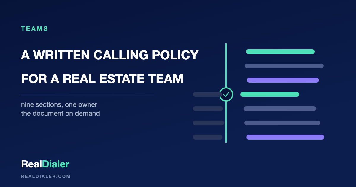 RealDialer graphic of a bound document titled calling policy beside a headset, with nine tabs along its edge