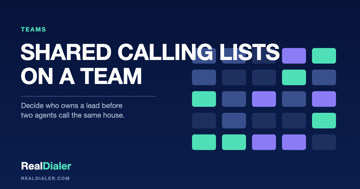 RealDialer graphic of one homeowner record with two agent icons reaching for it and a rule between them