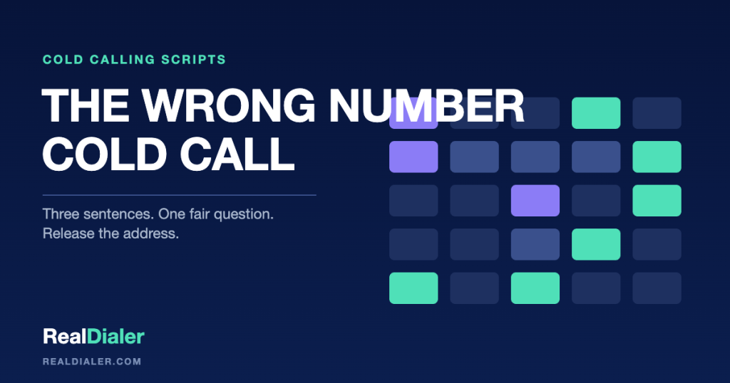 RealDialer graphic of a phone handset beside a record card with the name crossed out and an arrow to a fresh card