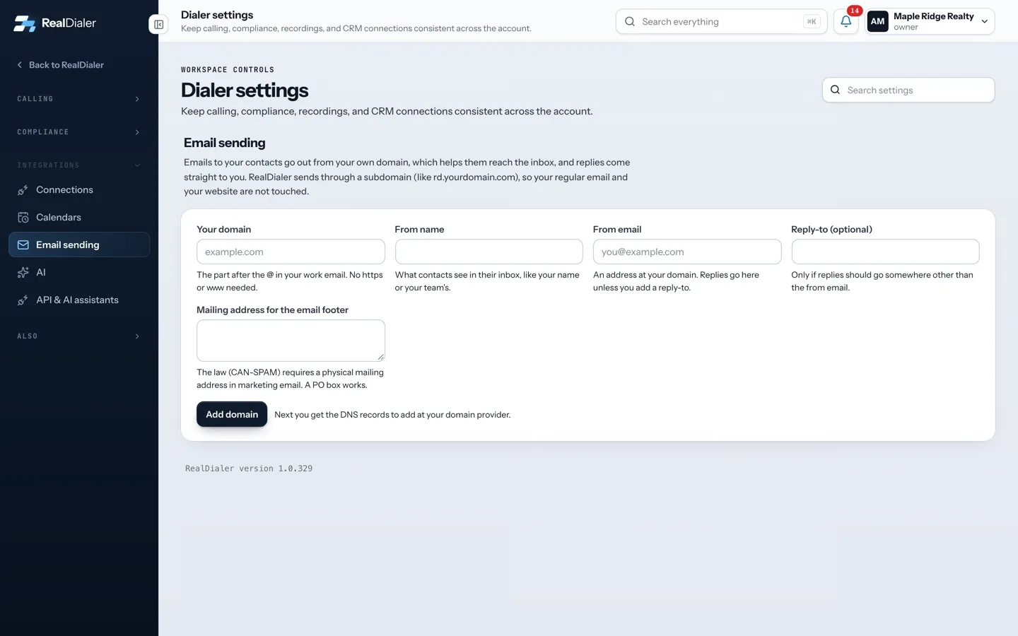 Add the DNS records for email sending in RealDialer