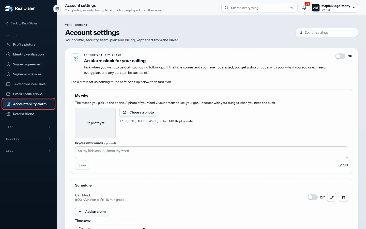 Open Settings and choose Accountability alarm under Account