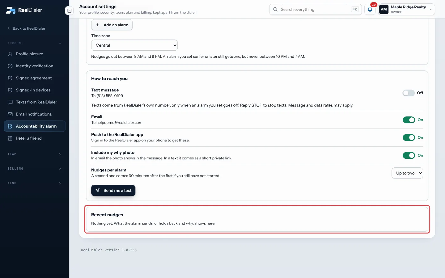 Scroll to Recent nudges at the bottom of Accountability alarm