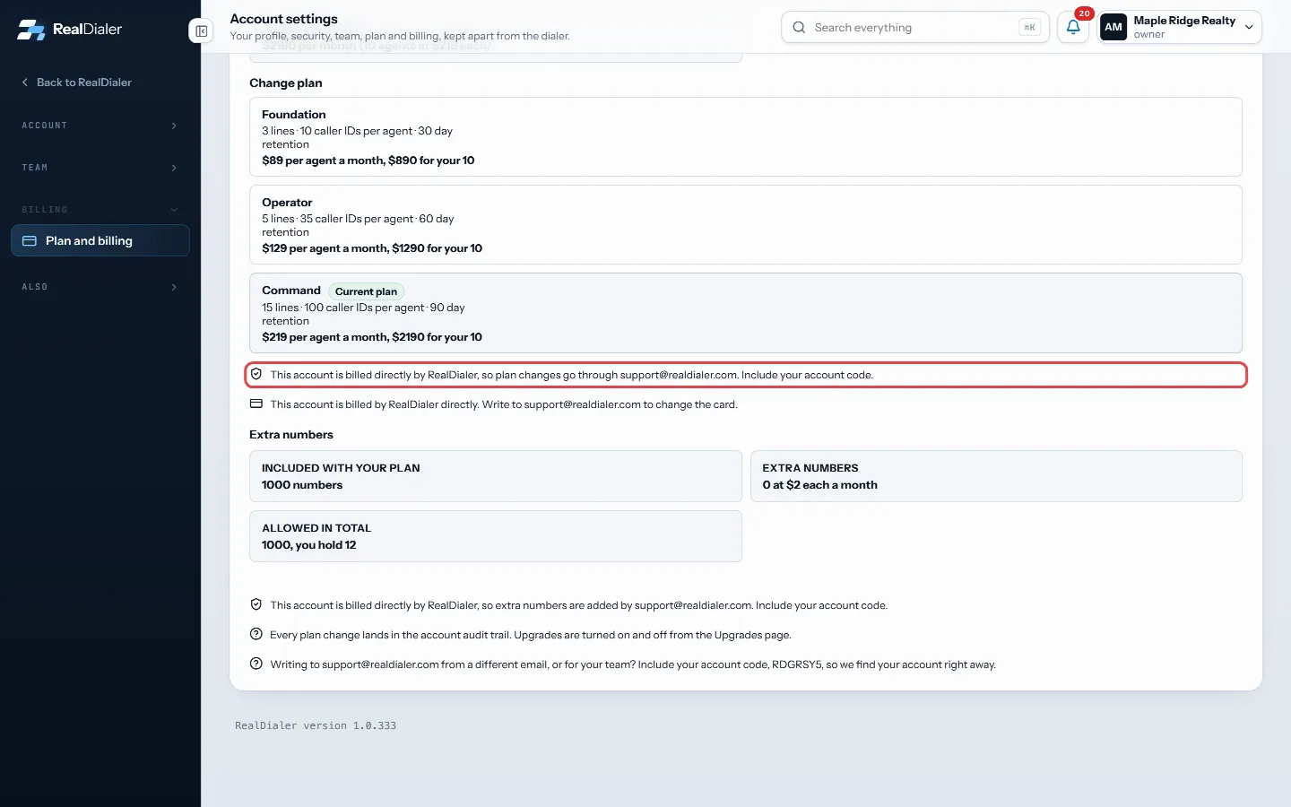 The note under Change plan says the account is billed directly