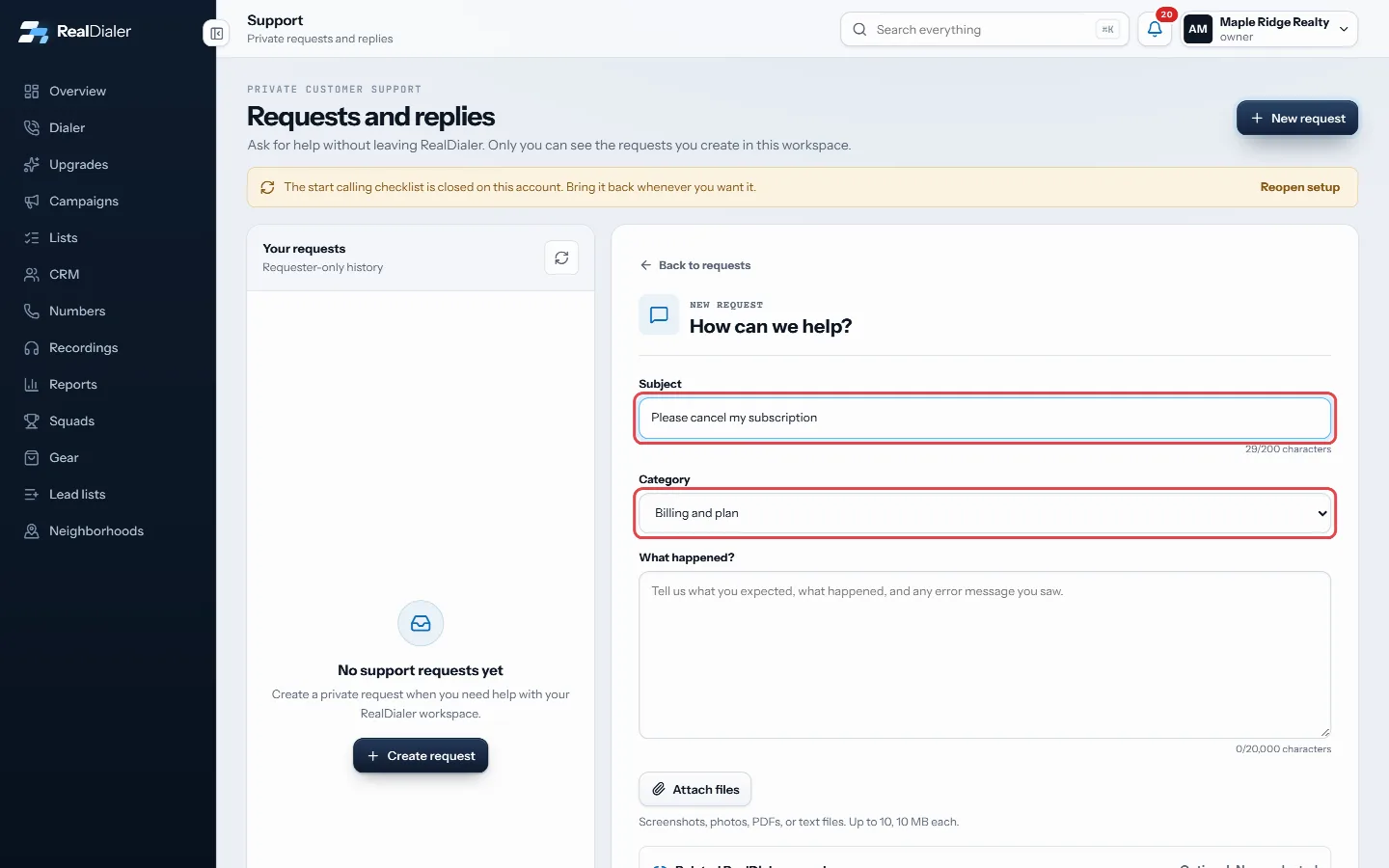 Billed directly by RealDialer: open a request in the Billing and plan category