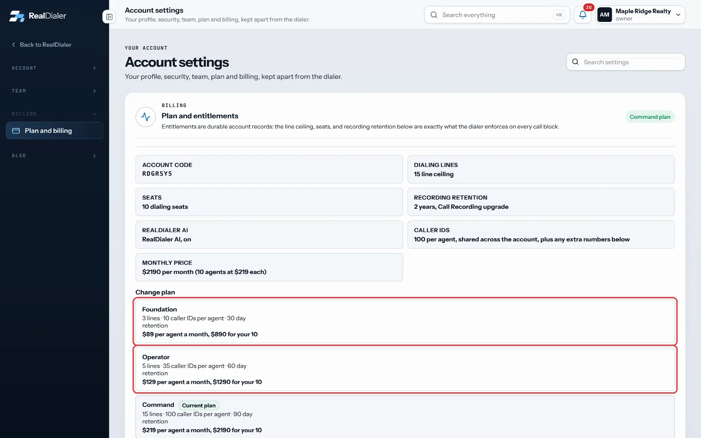 Under Change plan, the owner of an account paid by card sees Upgrade to or Downgrade to on each other plan