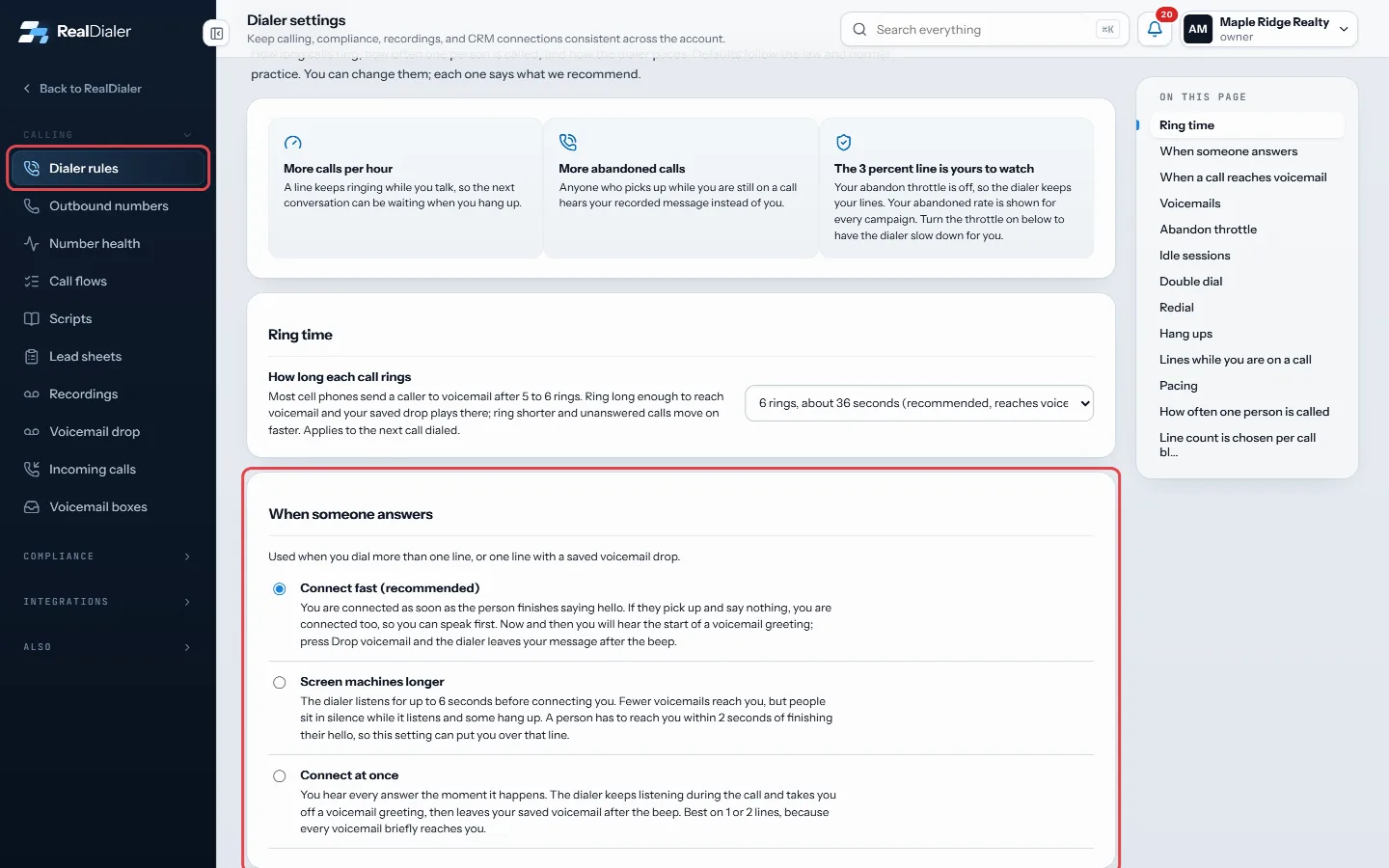 Settings, Dialer rules: pick how the dialer handles the first seconds after someone answers