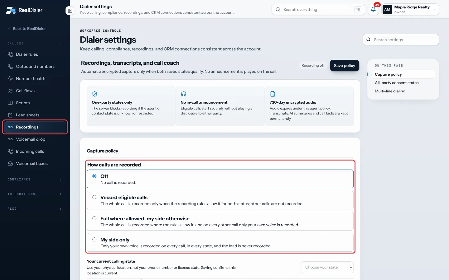 Settings, Recordings: pick one of the four ways calls are recorded