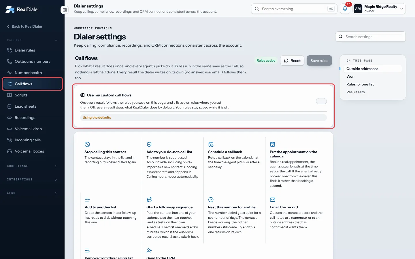 Settings, Call flows: switch on Use my custom call flows