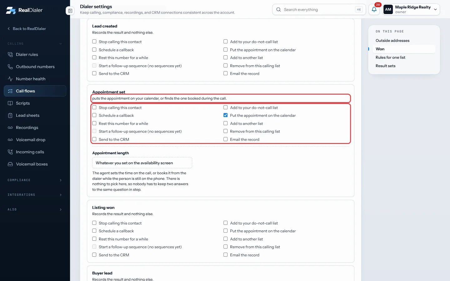 Tick what the result should do, and read the summary line
