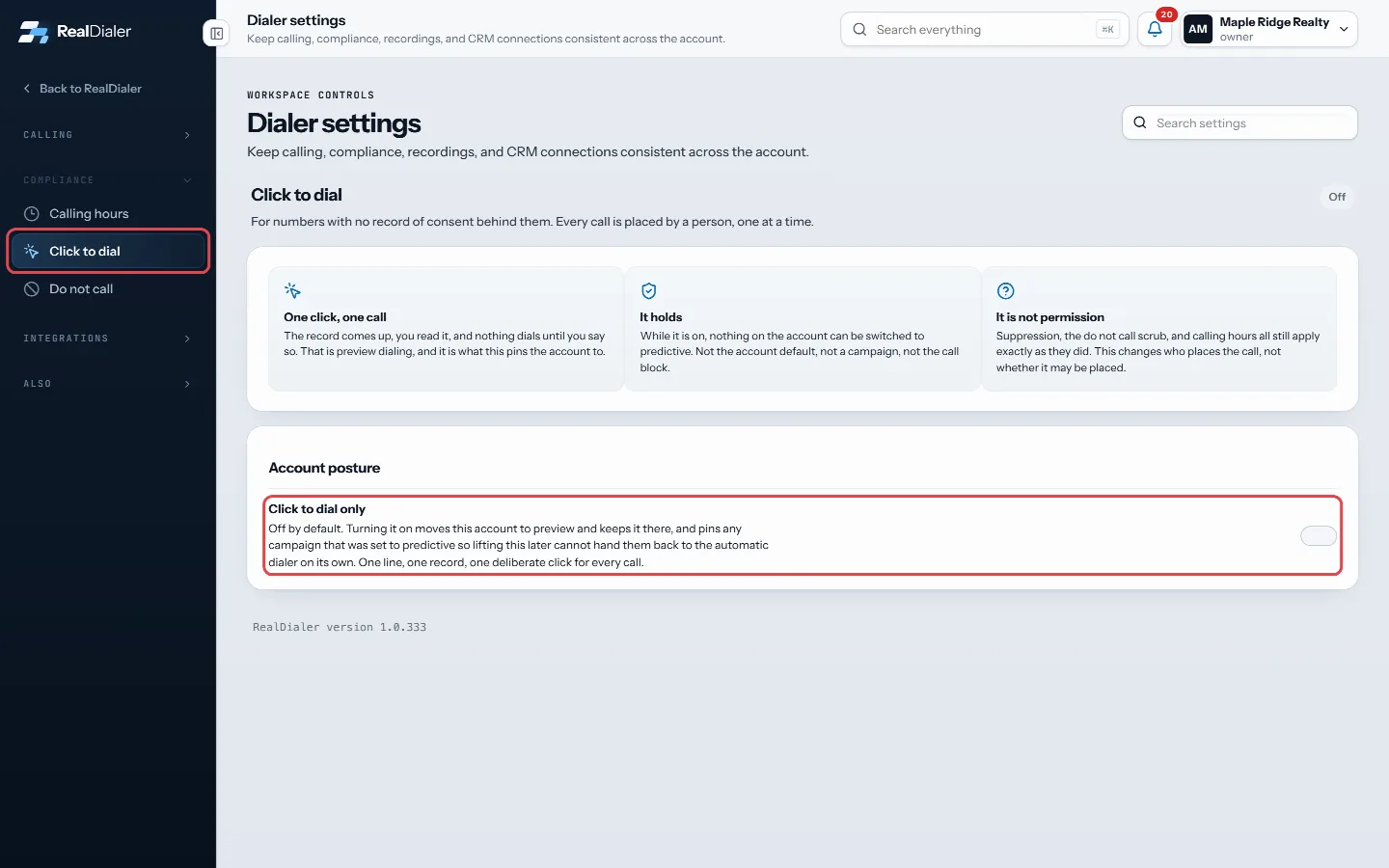 Settings, Compliance, Click to dial: switch on Click to dial only