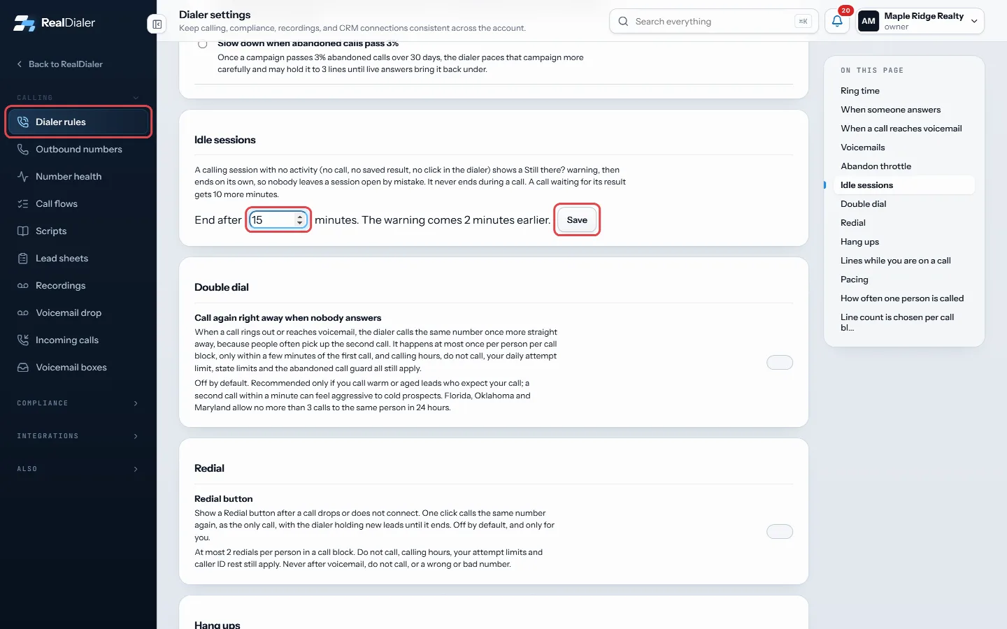 Dialer rules, Idle sessions: enter the minutes and press Save