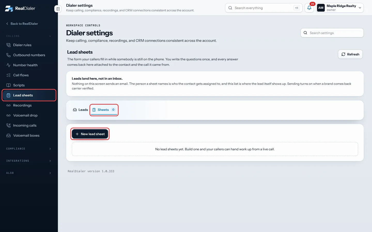 Settings, Lead sheets: open the Sheets tab and press New lead sheet