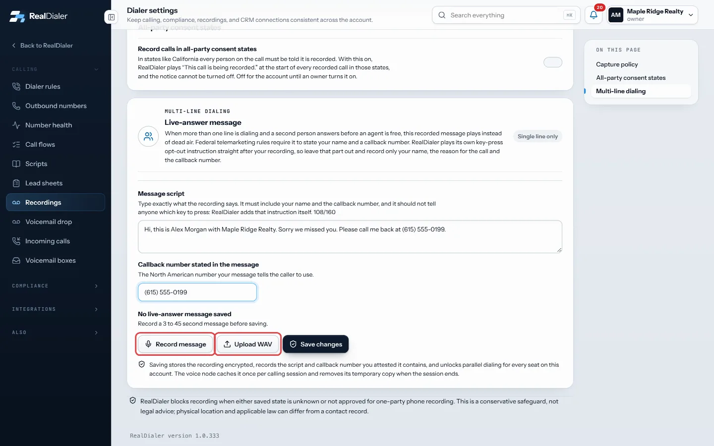 Press Record message and speak, or Upload WAV