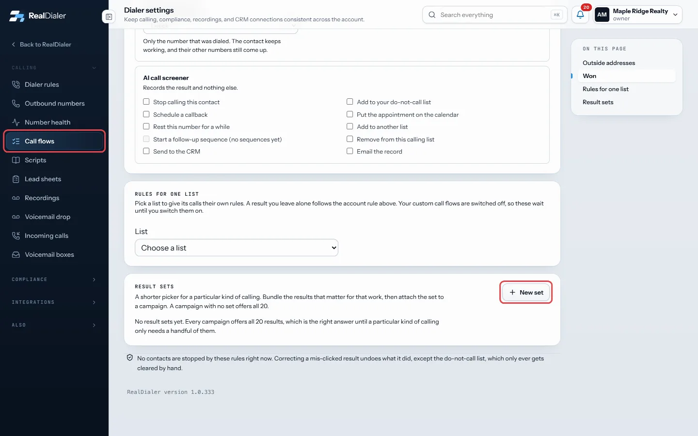 Settings, Call flows, Result sets: press New set