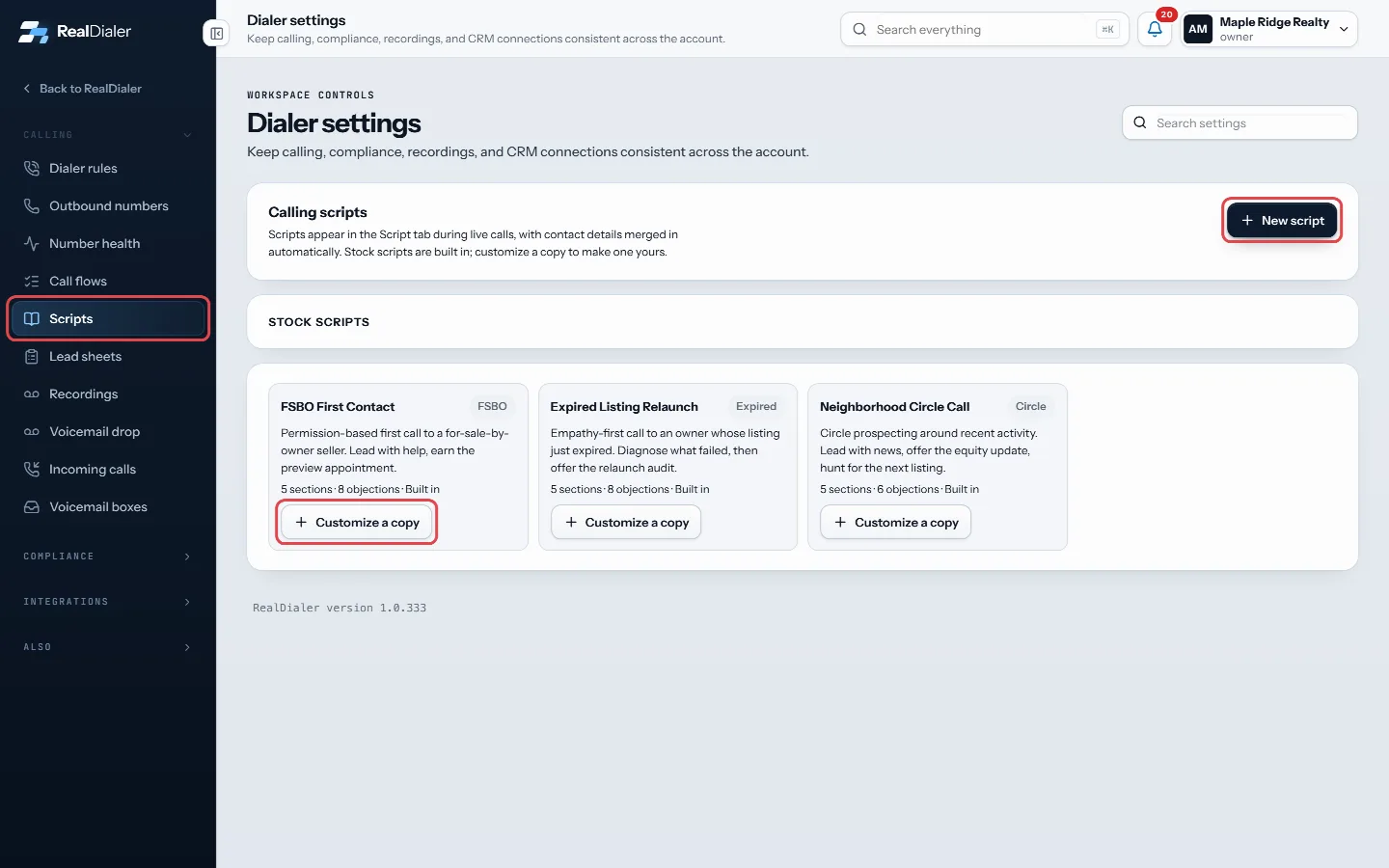 Settings, Scripts: press New script, or Customize a copy on a stock script