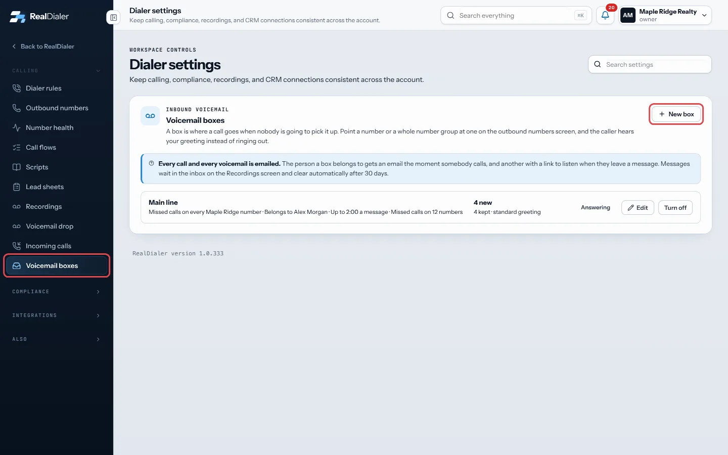 Settings, Voicemail boxes: press New box