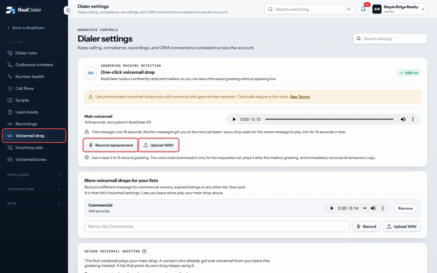 Settings, Voicemail drop: record your greeting (Record replacement once one is saved) or upload a WAV