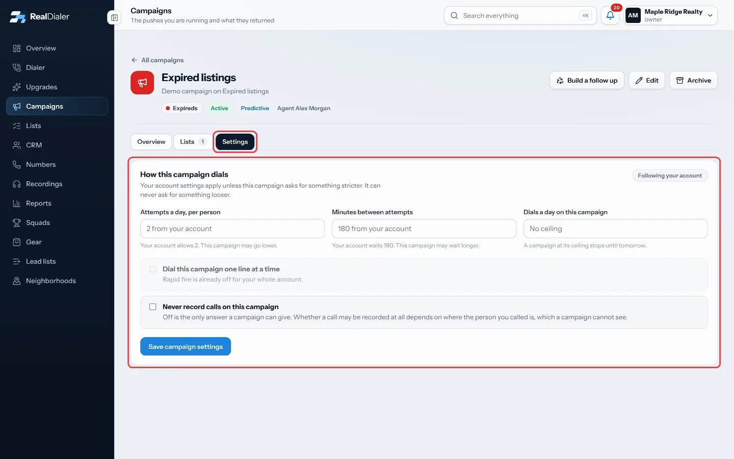 Open the campaign and click Settings
