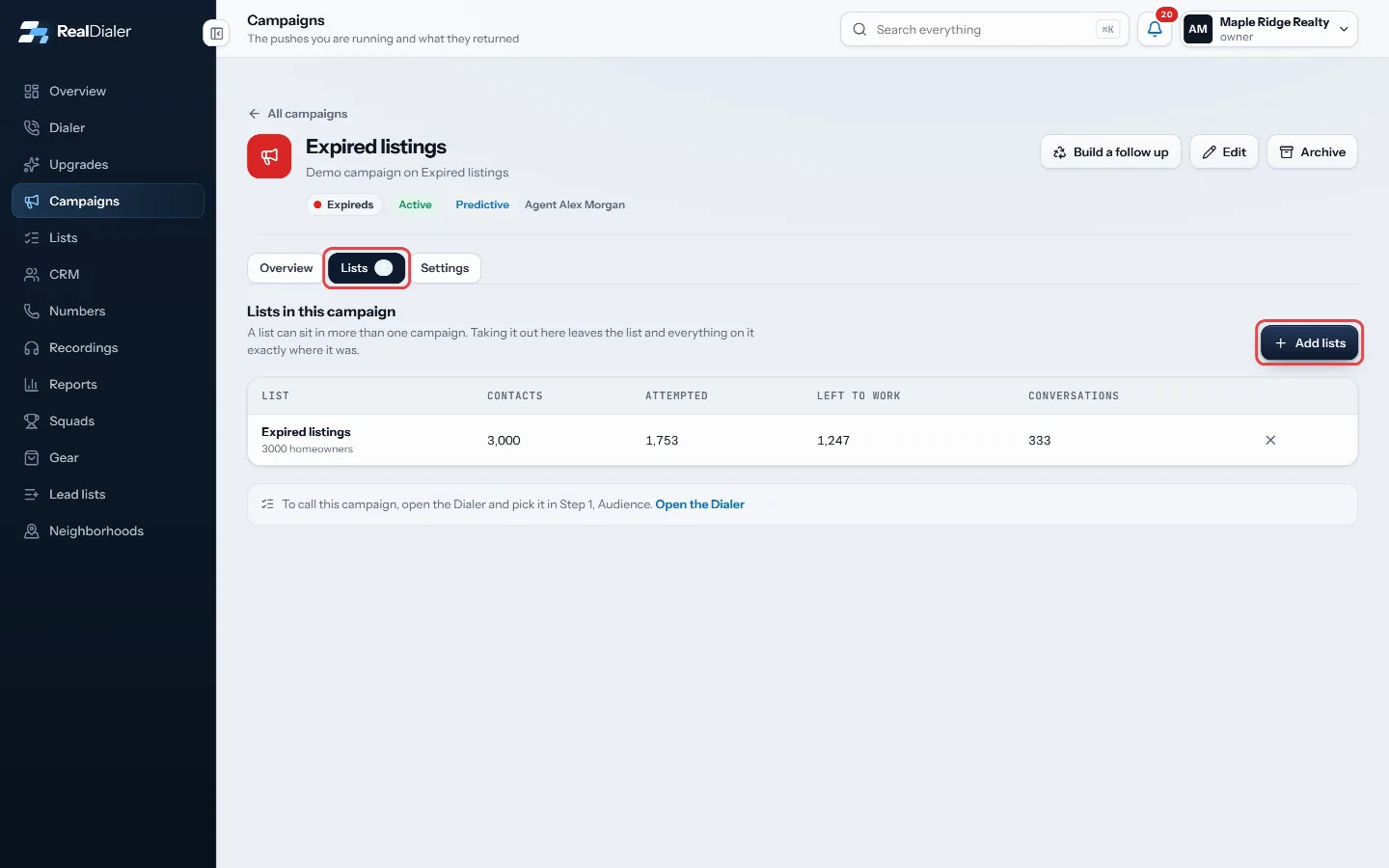Lists tab, then Add lists