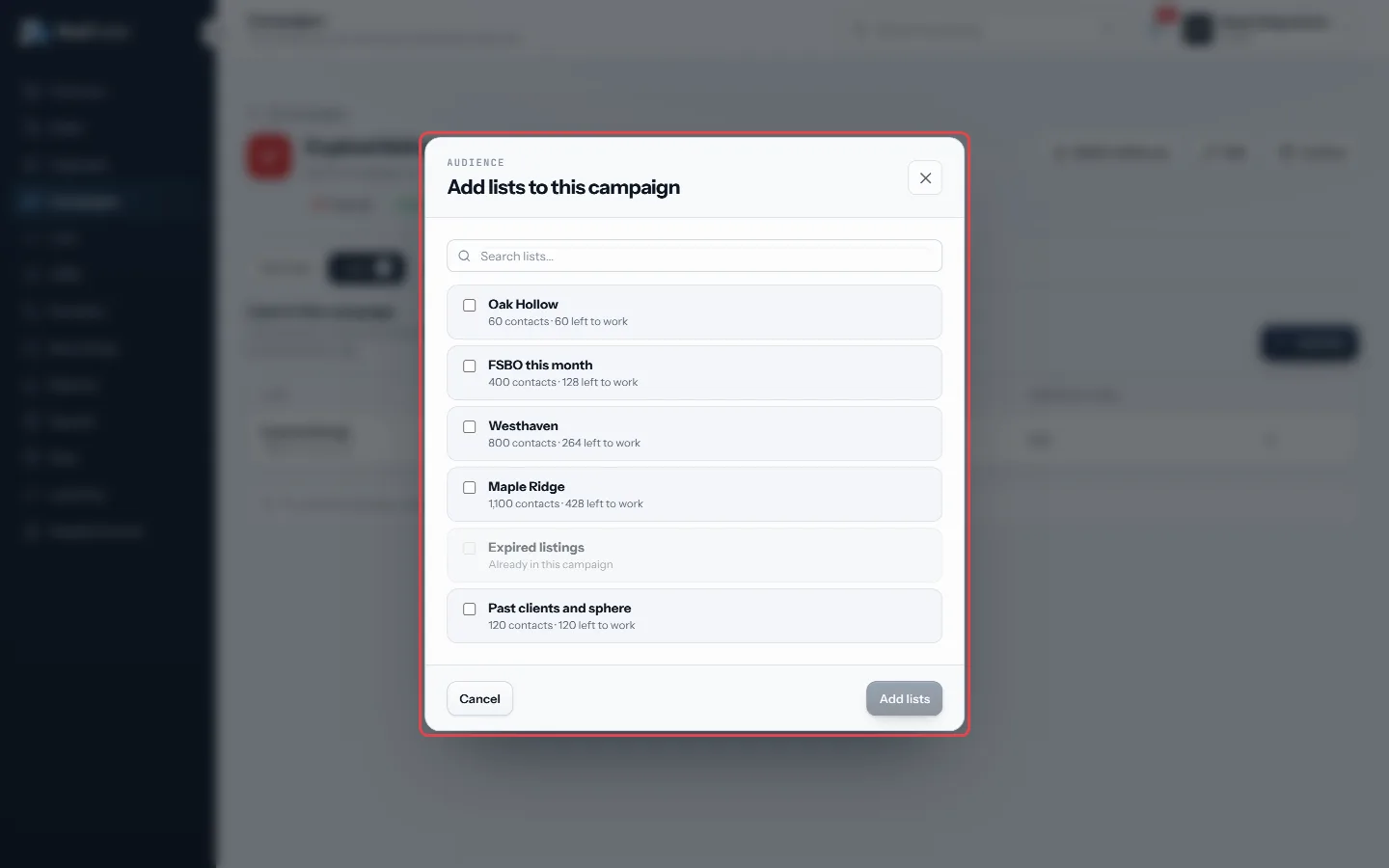Tick the lists you want, then Add