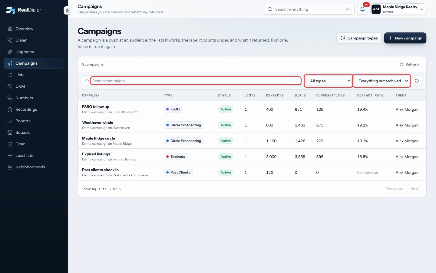 Search, or filter by type and status