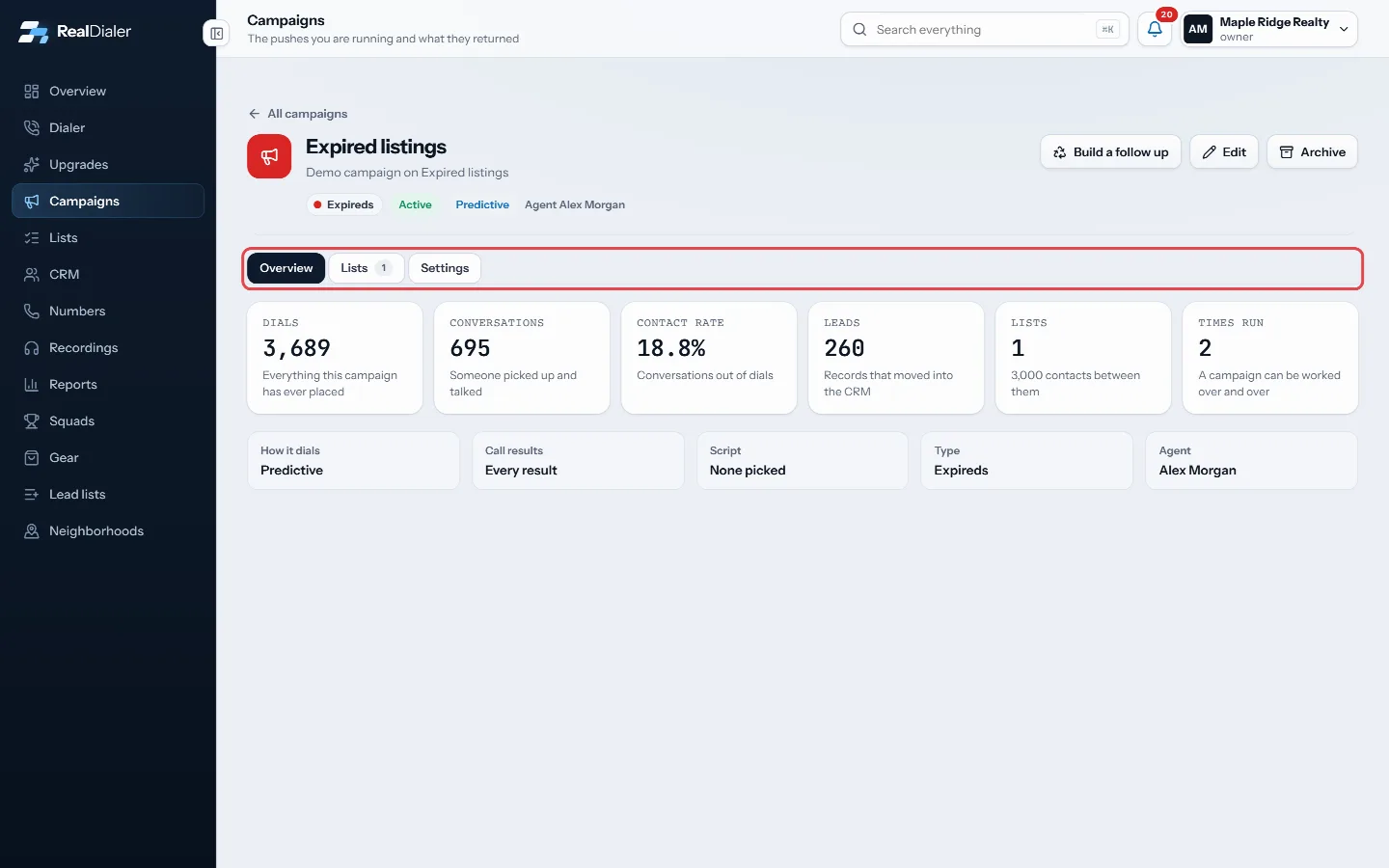 Open a campaign: Overview, Lists and Settings tabs