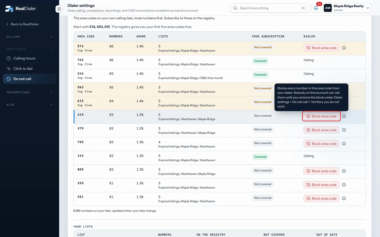 Block area code stops every number in that area code; hover the info icon to see what it does