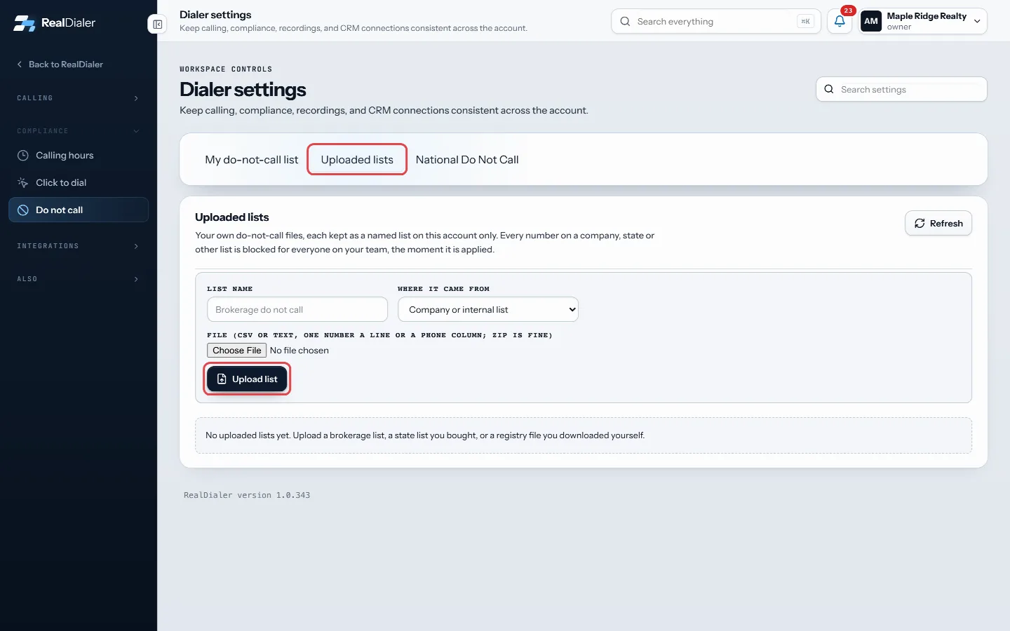 Uploaded lists: name the list, choose where it came from, pick the file and upload